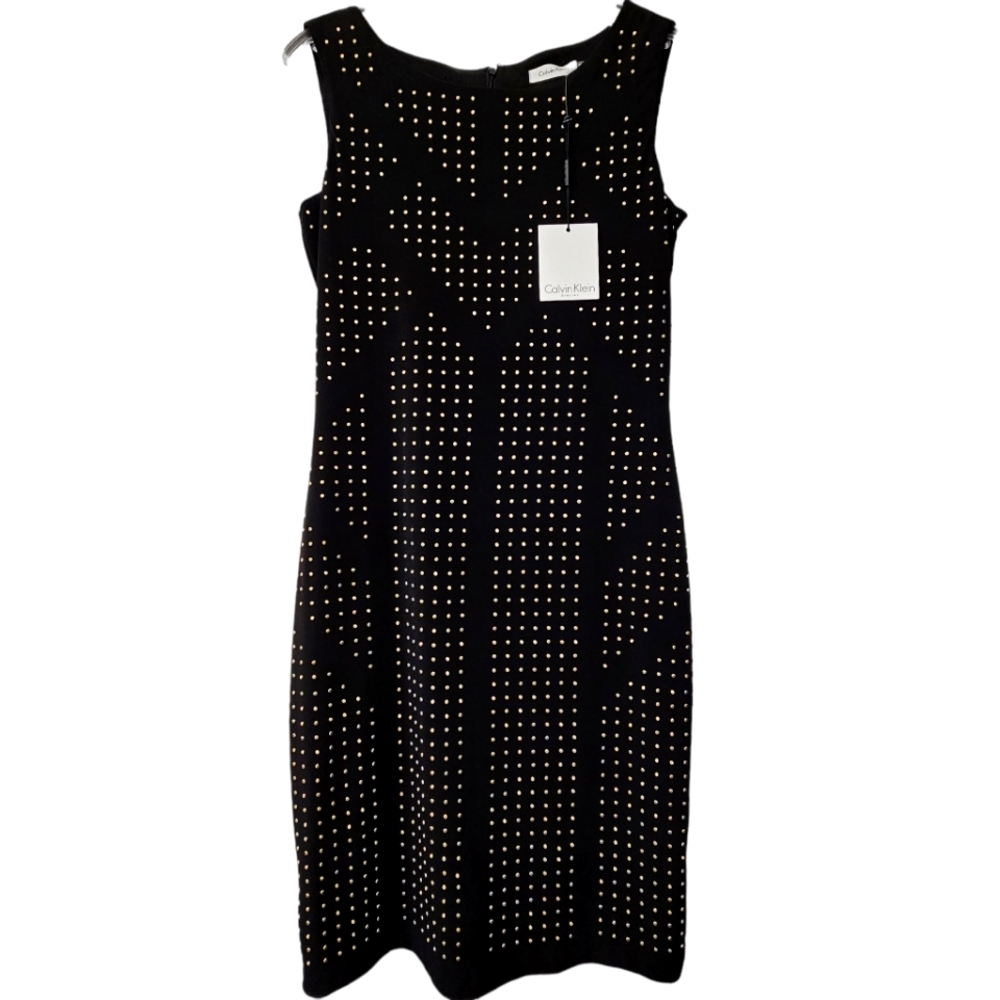 Calvin Klein Nwt Black Geometric w/Gold Studs Sleeveless Covktail Dress